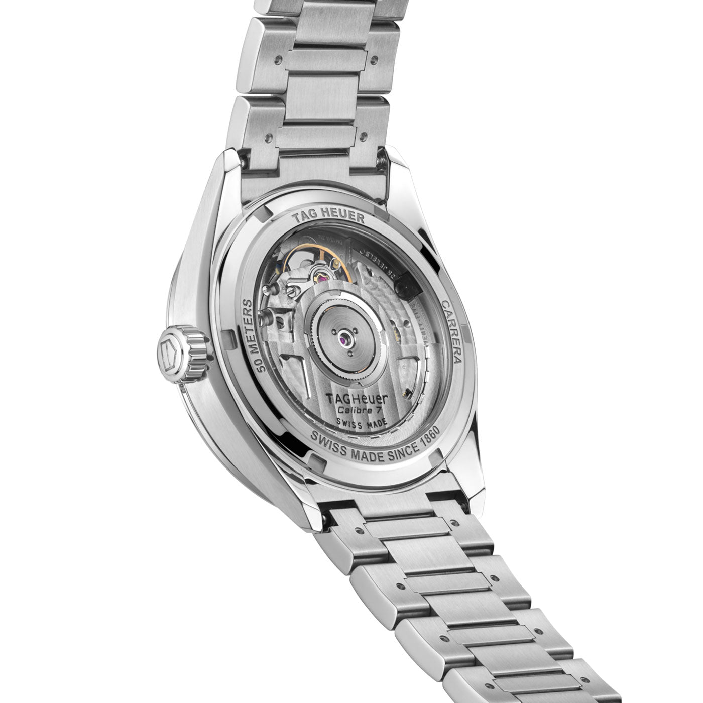 The back of the TAG Heuer Carrera Date Automatic 36mm Watch showcases its intricate Caliber 7 Automatic mechanical movement through a transparent case, with “SWISS MADE SINCE 1860” elegantly engraved along the edge and a sophisticated stainless steel bracelet, reflecting TAG Heuer’s renowned craftsmanship.
