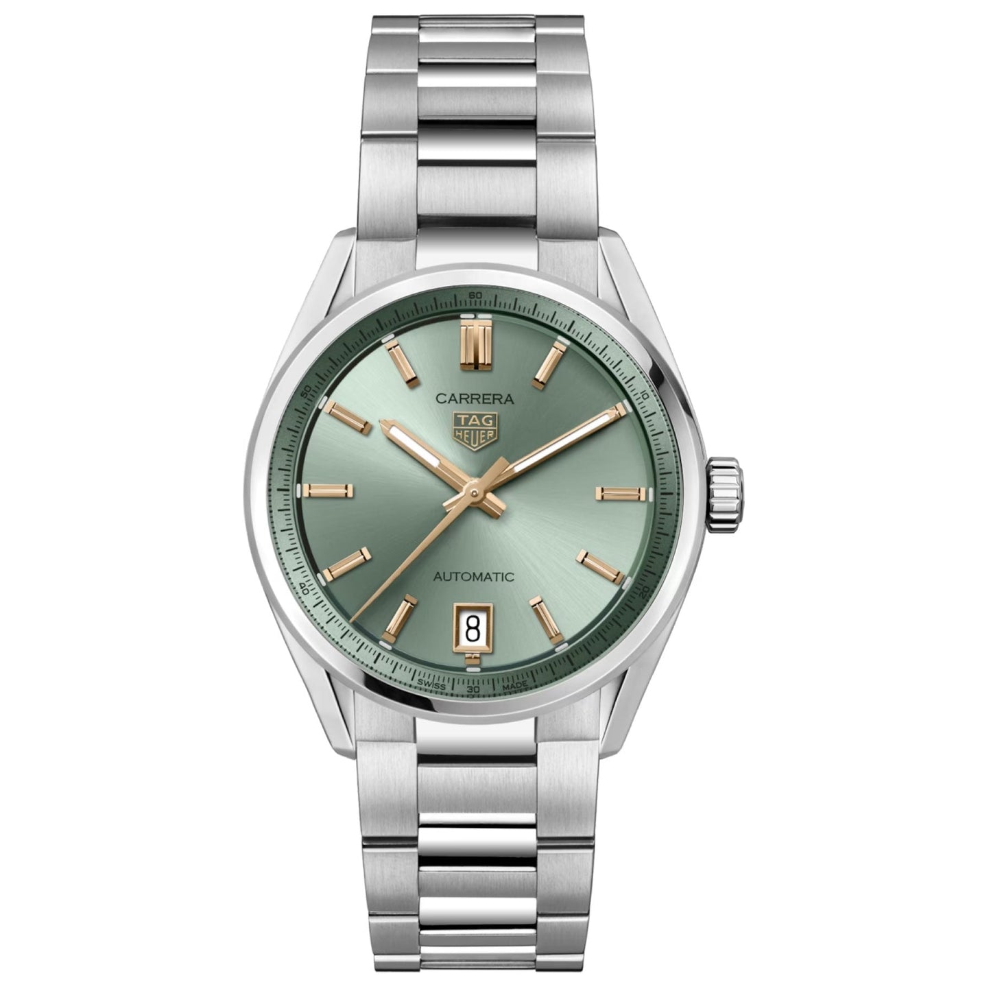 A TAG Heuer Carrera Date Automatic 36mm Watch featuring a silver case, green dial with gold hour markers, date window at 6 o’clock, and a robust steel bracelet, powered by TAG Heuer’s precise Calibre 7 movement.
