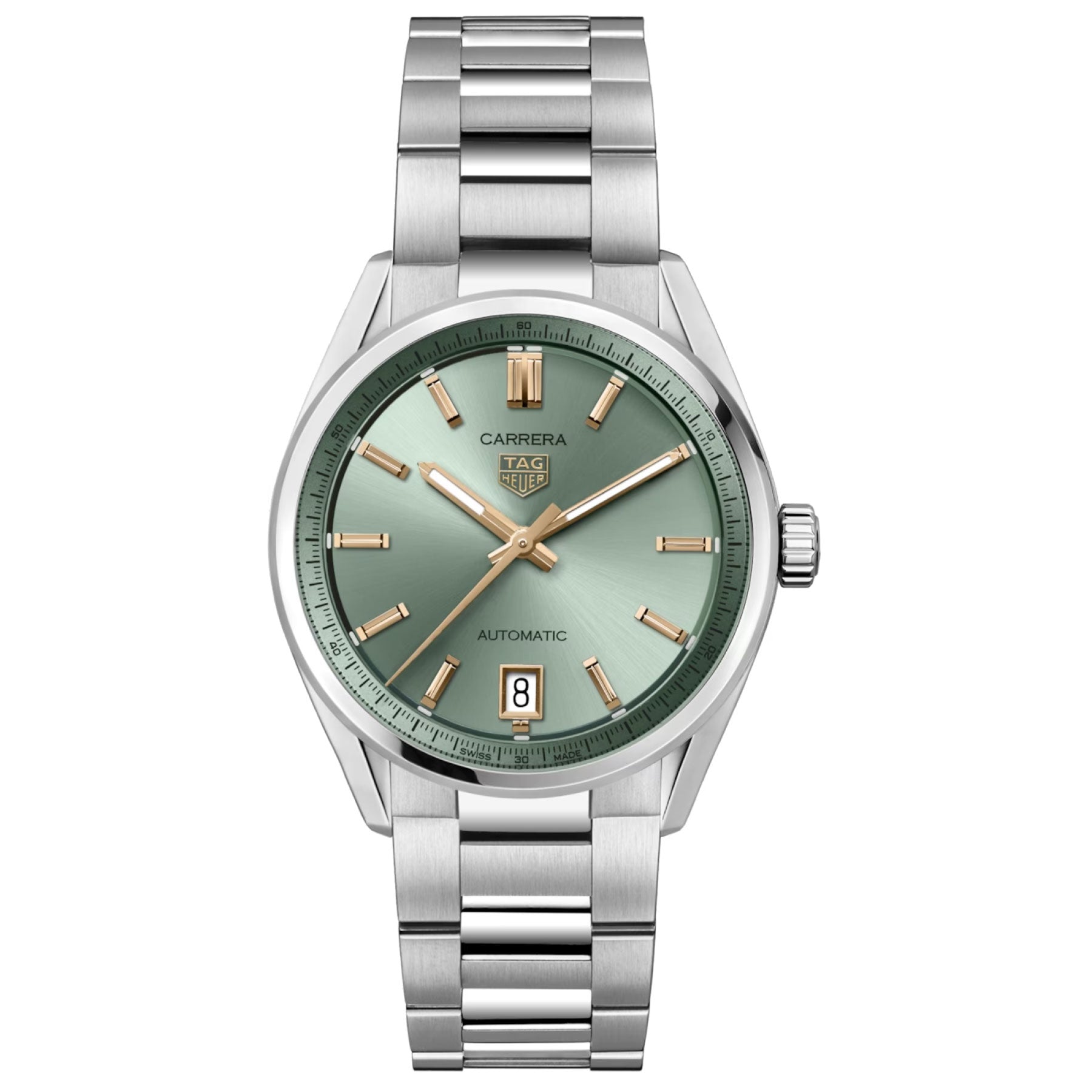 A TAG Heuer Carrera Date Automatic 36mm Watch featuring a silver case, green dial with gold hour markers, date window at 6 o’clock, and a robust steel bracelet, powered by TAG Heuer’s precise Calibre 7 movement.