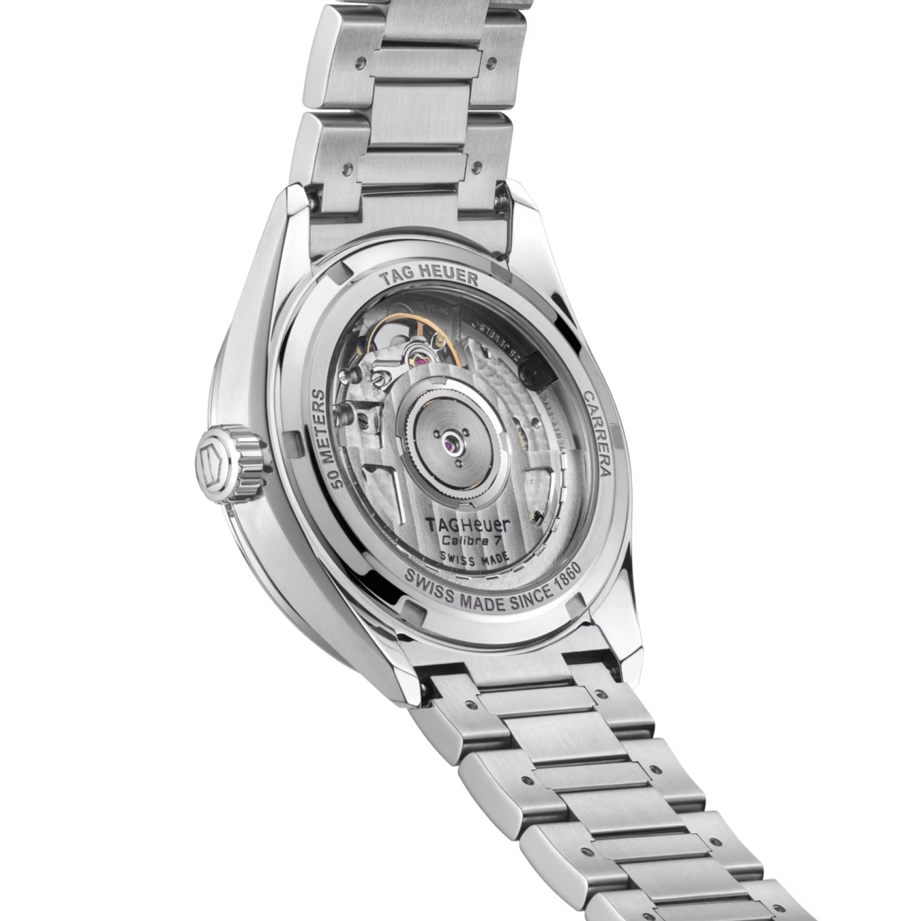 The image displays the back of the TAG Heuer Carrera Date Automatic 36mm Watch by TAG Heuer, featuring a steel bracelet and showcasing its Calibre 7 movement through a transparent case back.