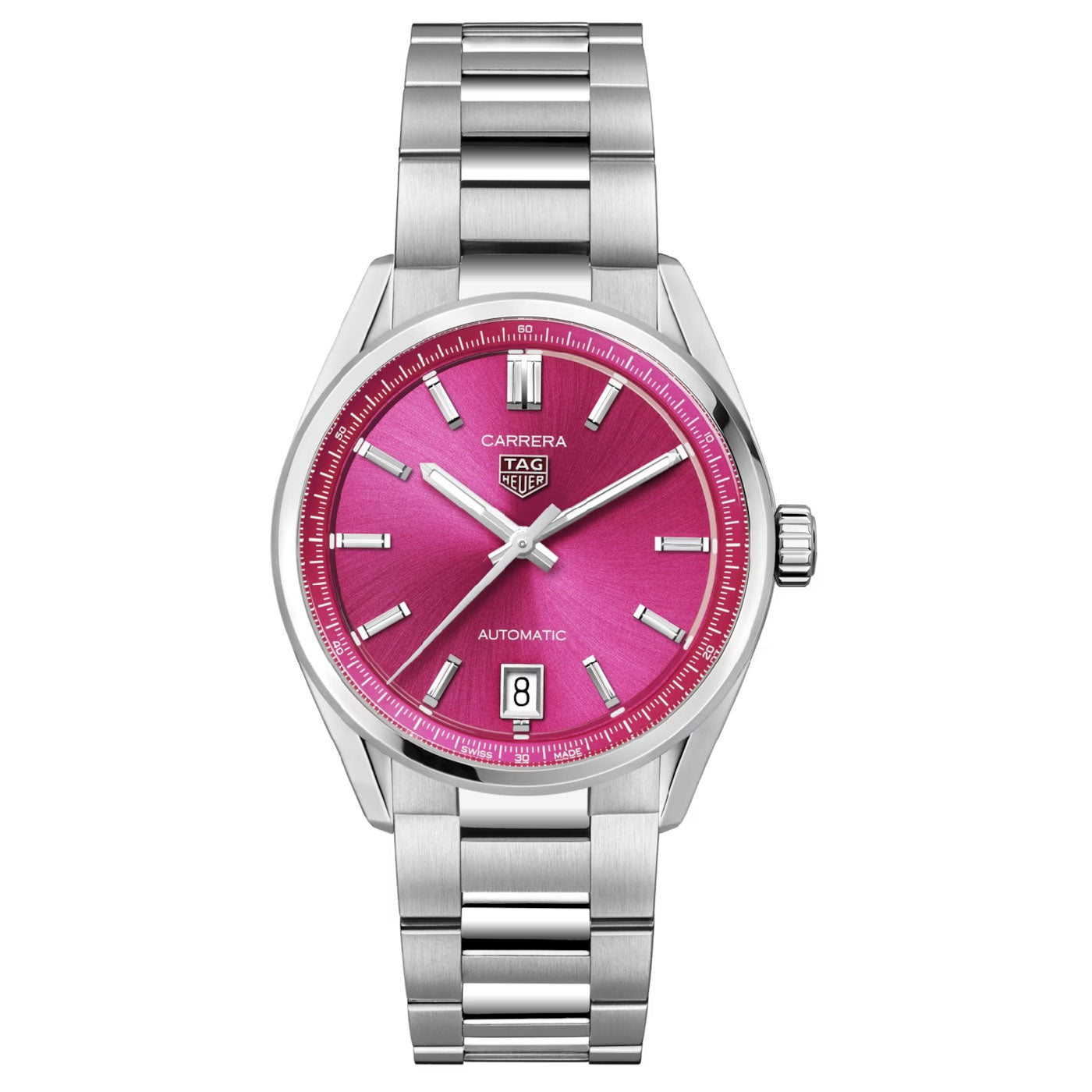 The TAG Heuer Carrera Date Automatic 36mm Watch by TAG Heuer showcases a vibrant pink dial with silver hour markers, a date display at 6 o’clock, and comes with a matching metal bracelet.
