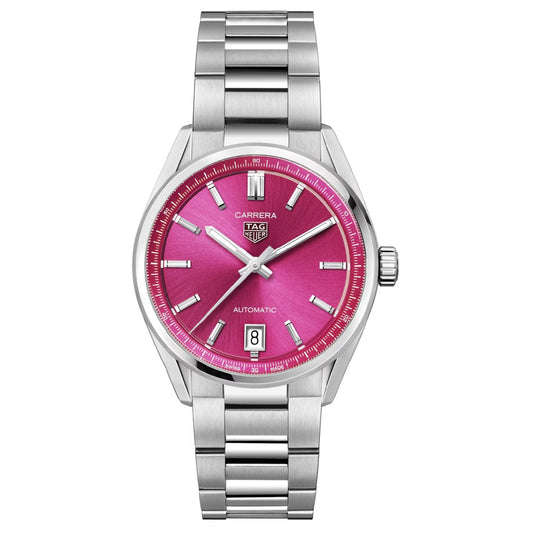 The TAG Heuer Carrera Date Automatic 36mm Watch by TAG Heuer showcases a vibrant pink dial with silver hour markers, a date display at 6 o’clock, and comes with a matching metal bracelet.
