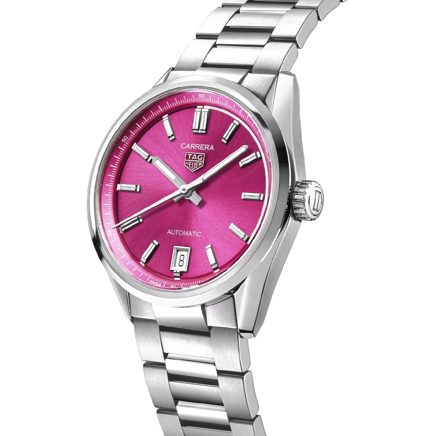 Crafted from sleek stainless steel, the TAG Heuer Carrera Date Automatic 36mm Watch showcases a vibrant pink dial highlighted by silver hour markers and hands. The dial is adorned with the TAG Heuer logo, “Automatic” inscription, and a date window at 6 o’clock. A polished silver metal link bracelet completes this modern timepiece from TAG Heuer.