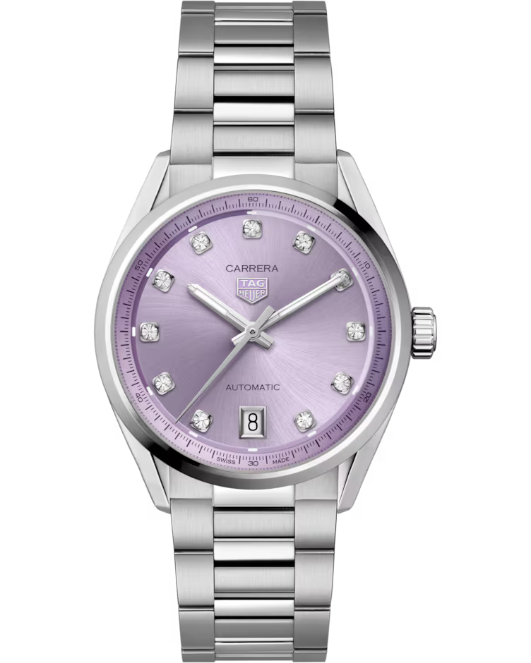 The TAG Heuer Carrera Date Automatic 36mm Watch by TAG Heuer features a lustrous metallic lavender dial with diamond hour markers, a date window positioned at 6 o’clock, and is complemented by a stainless steel bracelet.