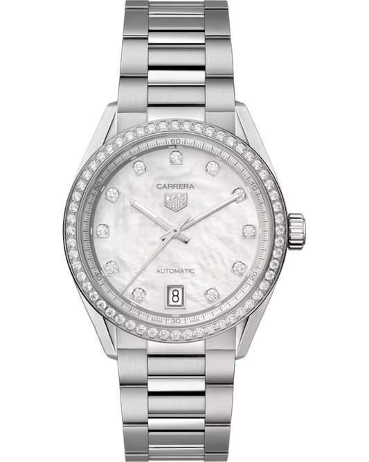 A TAG Heuer Carrera Date Automatic 36mm watch by TAG Heuer, featuring a silver-tone stainless steel bracelet, a diamond-studded bezel, mother-of-pearl dial with diamond hour markers, and a date display at 6 o’clock.