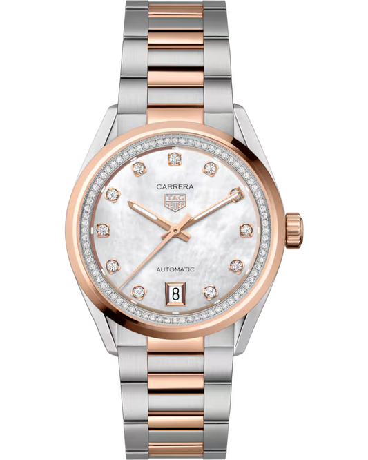 The TAG Heuer Carrera Date Automatic 36mm Watch by TAG Heuer features a silver and rose gold bracelet, a white mother-of-pearl dial with diamond hour markers, and a date window at six o’clock.