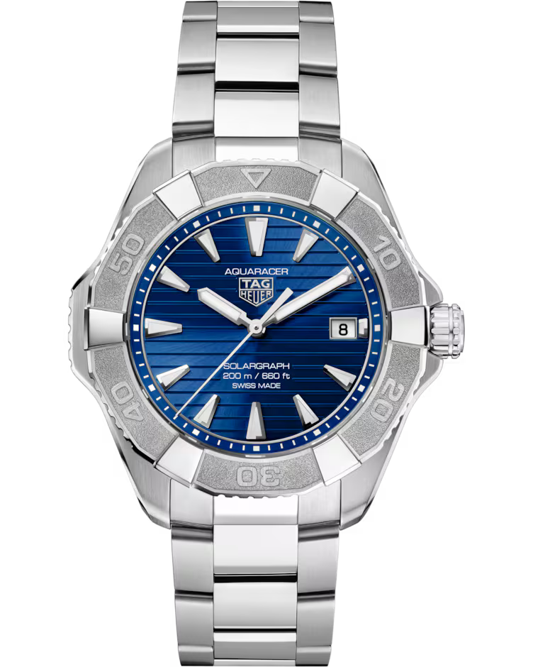 The TAG Heuer Aquaracer Professional 200 Solargraph Solar Quartz 40mm watch features a silver stainless steel bracelet, a striking blue striped dial with silver hour markers, a date window at 3 o’clock, and a bezel adorned with minute markers.
