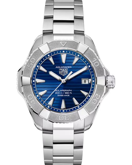 The TAG Heuer Aquaracer Professional 200 Solargraph Solar Quartz 40mm watch features a silver stainless steel bracelet, a striking blue striped dial with silver hour markers, a date window at 3 o’clock, and a bezel adorned with minute markers.