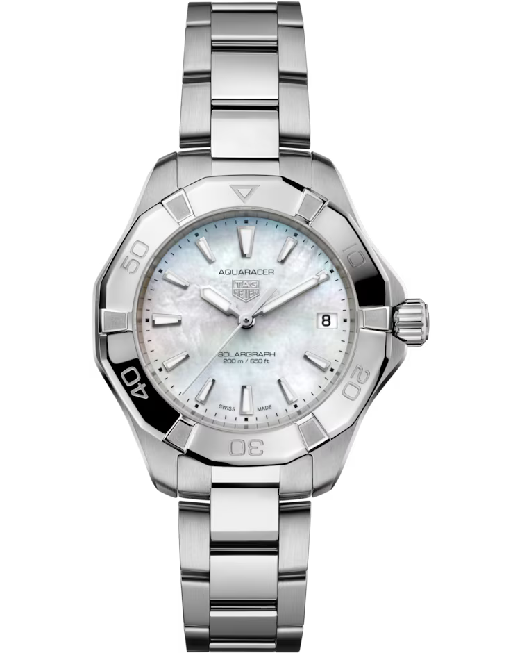 A TAG Heuer Aquaracer Professional 200 Solargraph Solar Quartz 34mm watch featuring a stainless steel bracelet, a white mother-of-pearl dial with prominent hour markers, and a date display at the 3 o’clock position.