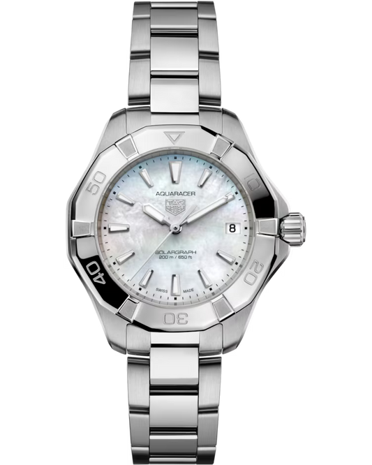 A TAG Heuer Aquaracer Professional 200 Solargraph Solar Quartz 34mm watch featuring a stainless steel bracelet, a white mother-of-pearl dial with prominent hour markers, and a date display at the 3 o’clock position.