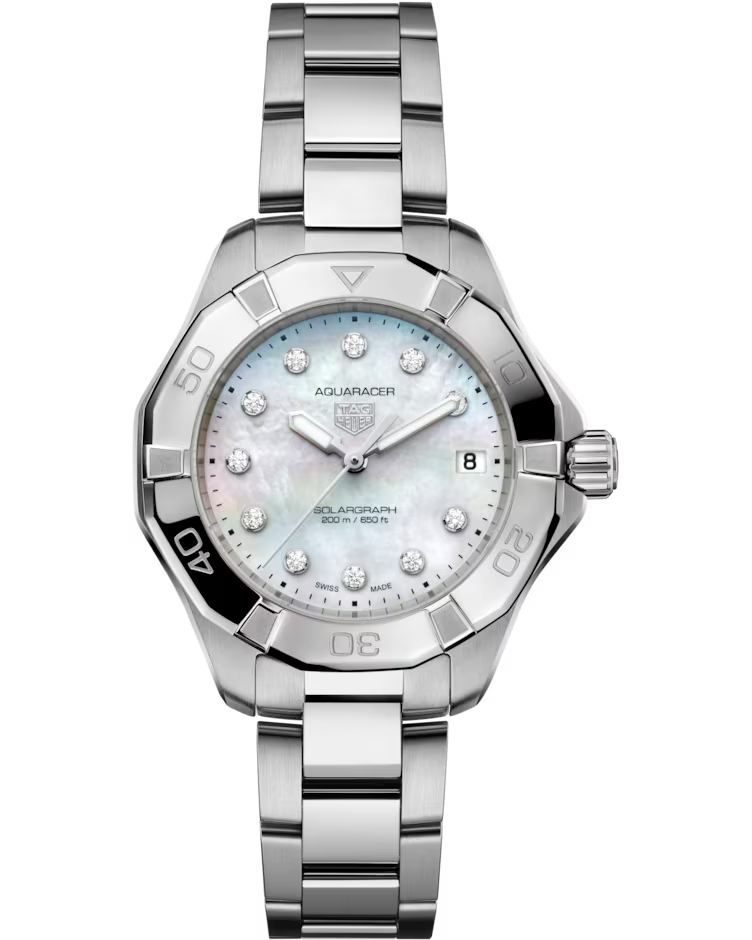 The TAG Heuer Aquaracer Professional 200 Solargraph Solar Quartz 34mm watch features a silver-tone metal band, diamond hour markers, a date display at the 3 o’clock position, and a mother-of-pearl dial. Its bezel is marked with minute indicators for diving.