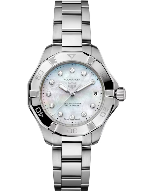 The TAG Heuer Aquaracer Professional 200 Solargraph Solar Quartz 34mm watch features a silver-tone metal band, diamond hour markers, a date display at the 3 o’clock position, and a mother-of-pearl dial. Its bezel is marked with minute indicators for diving.