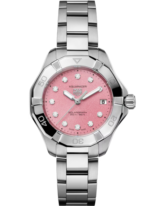 TAG Heuer Aquaracer Professional 200 Solargraph Solar Quartz 34mm watch featuring a pink dial with diamond hour markers, date display at 3 o’clock, and a stainless steel bracelet. The silver and black bezel has engraved numbers.