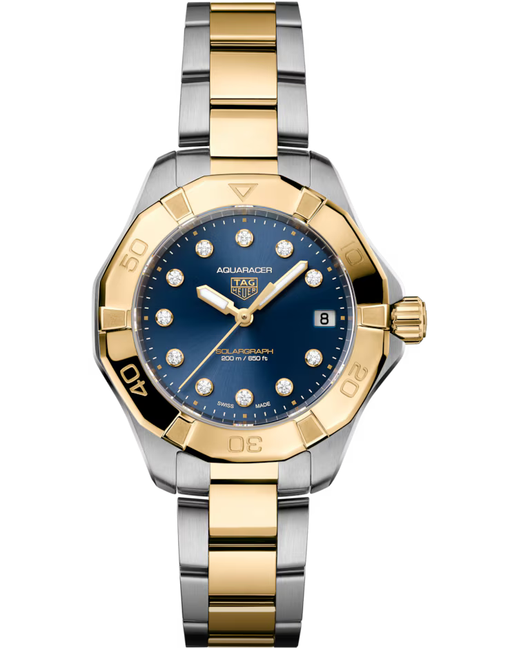 The TAG Heuer Aquaracer Professional 200 Solargraph Solar Quartz 34mm Watch features a two-tone gold and silver bracelet, a blue dial adorned with diamond hour markers, a date window at 3 o’clock, and a gold bezel with minute indicators.
