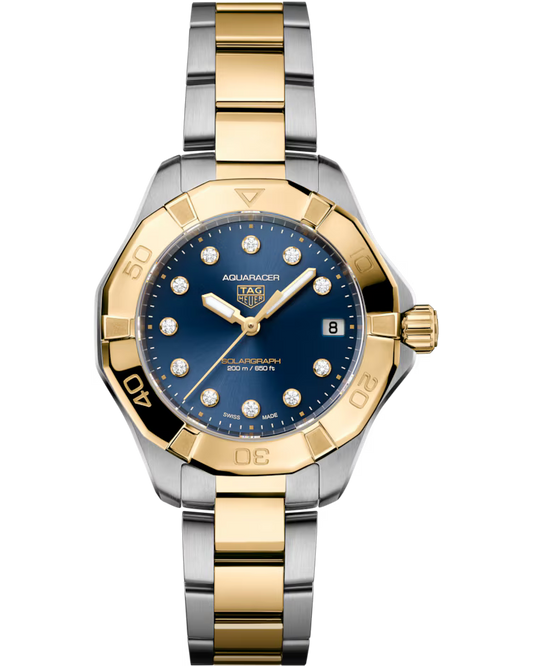 The TAG Heuer Aquaracer Professional 200 Solargraph Solar Quartz 34mm Watch features a two-tone gold and silver bracelet, a blue dial adorned with diamond hour markers, a date window at 3 o’clock, and a gold bezel with minute indicators.