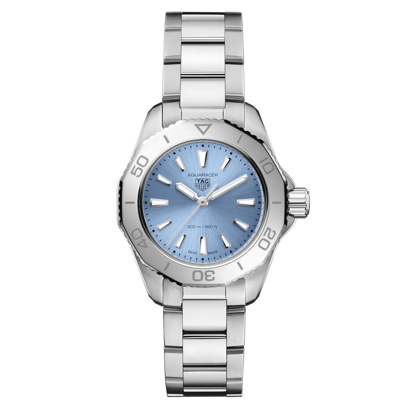 The TAG Heuer Aquaracer Professional 200 Quartz 30mm Watch by TAG Heuer is displayed on a white background. This women’s timepiece features a light blue dial, silver hour markers, and a stainless steel band, offering a refined blend of style and precision.