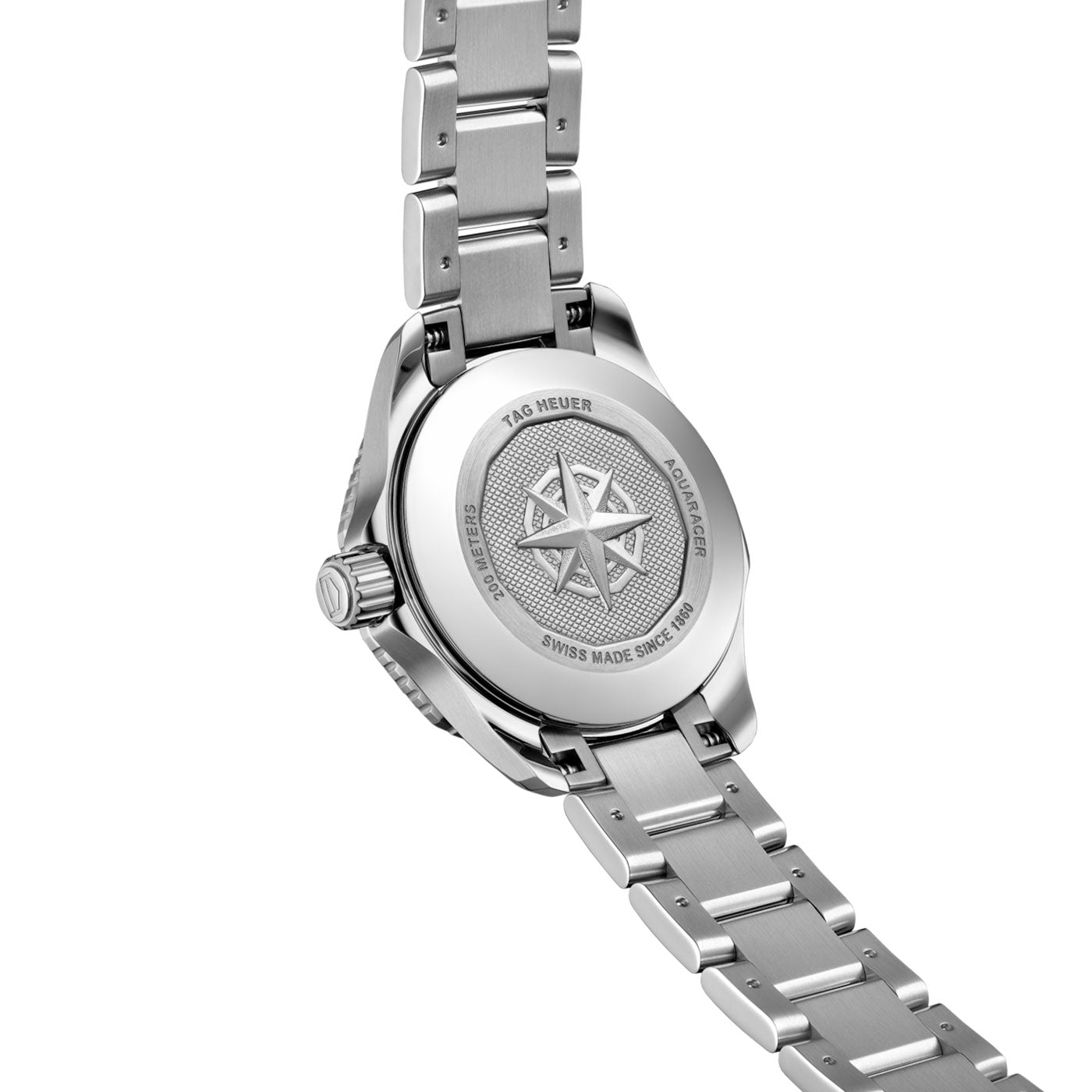 A rear view of the TAG Heuer Aquaracer Professional 200 Quartz 30mm Watch in silver, featuring a stainless steel bracelet and an engraved case back adorned with a compass motif and TAG Heuer branding. This sophisticated timepiece exemplifies both refined style and quartz precision.