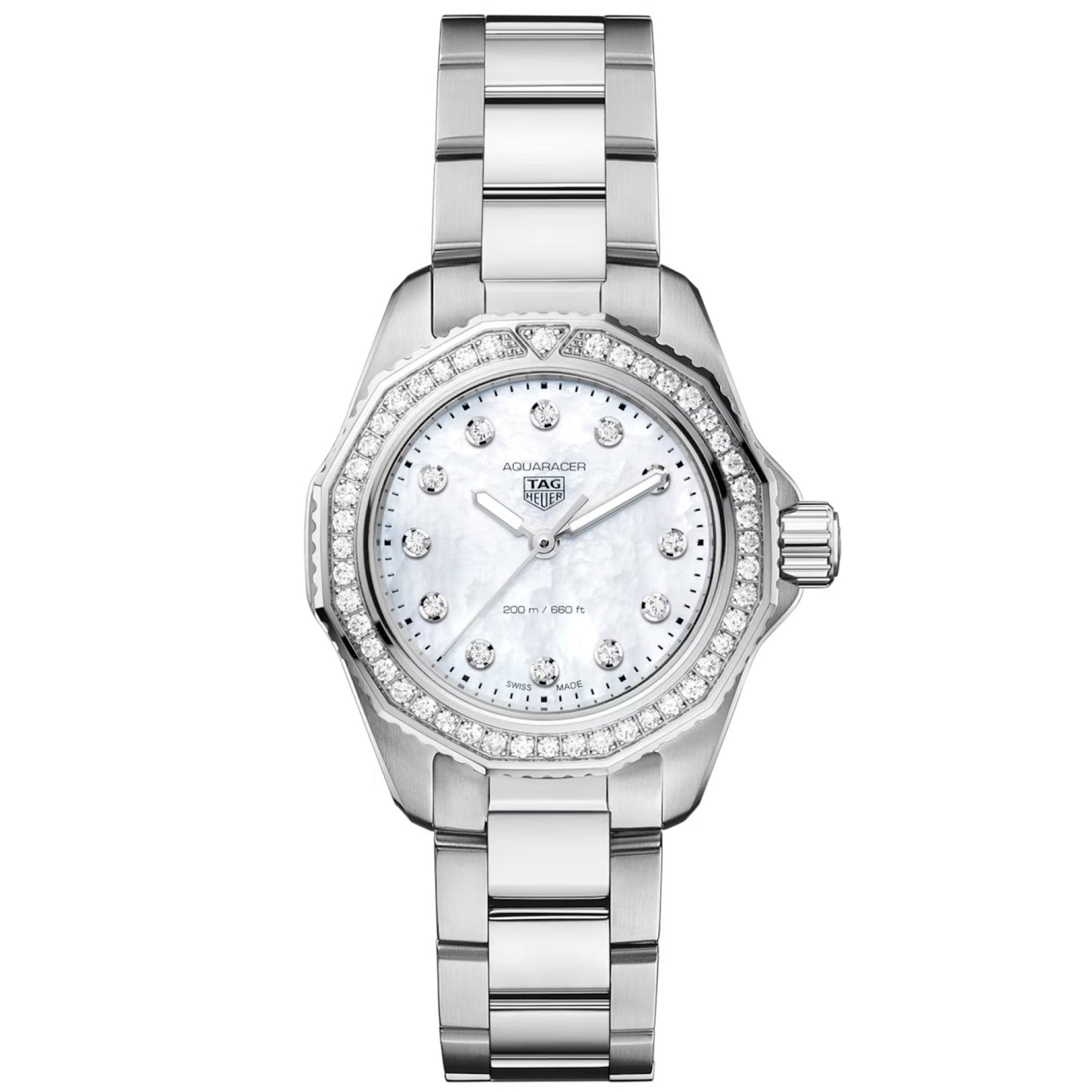 The TAG Heuer Aquaracer Professional 200 Quartz 30mm Watch for women features a radiant mother-of-pearl dial adorned with diamond hour markers and a stunning diamond-set bezel. Crafted with a 30mm stainless steel case and luminous hands, this elegant TAG Heuer timepiece is powered by precise quartz movement and finished with a sleek stainless steel bracelet.