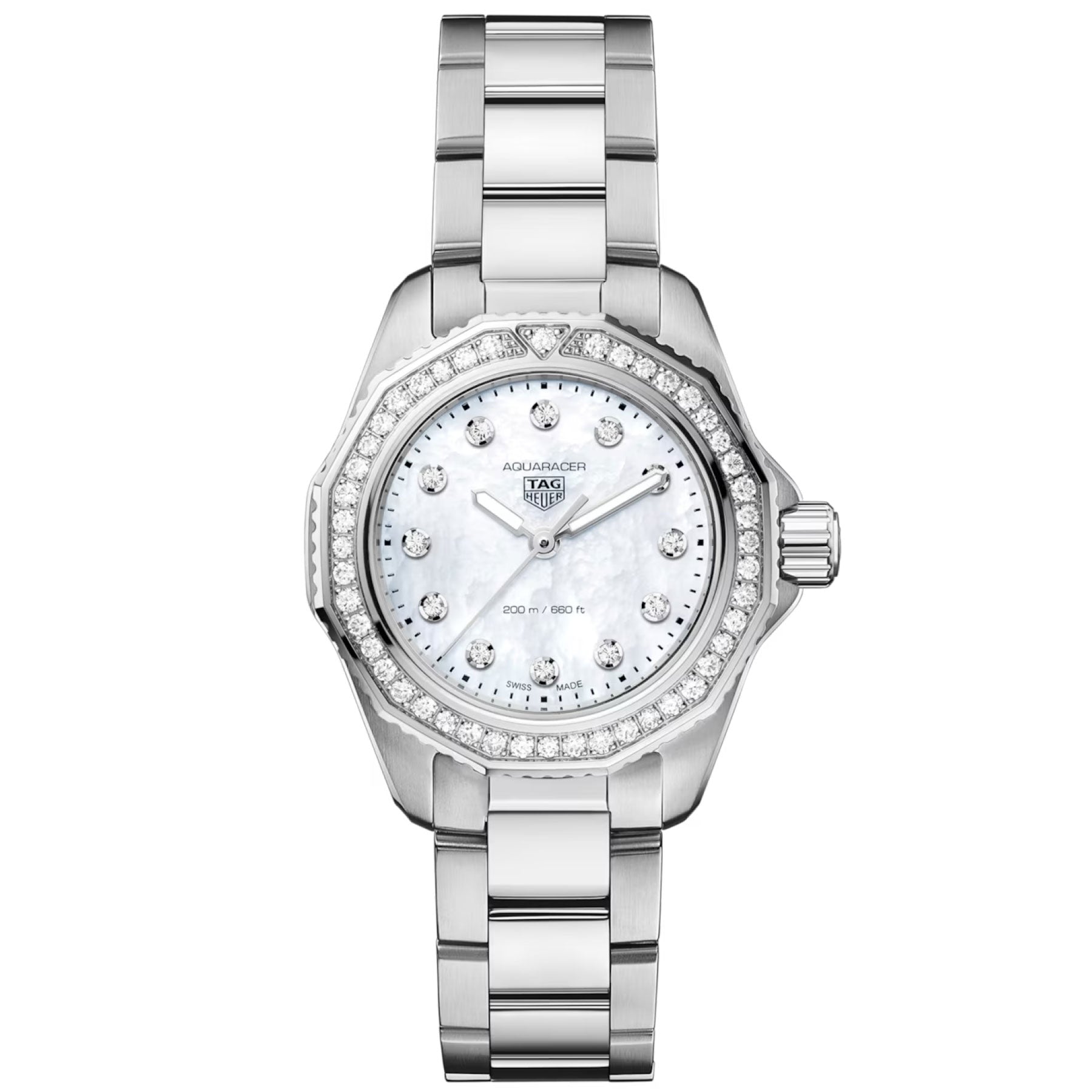 The TAG Heuer Aquaracer Professional 200 Quartz 30mm Watch for women features a radiant mother-of-pearl dial adorned with diamond hour markers and a stunning diamond-set bezel. Crafted with a 30mm stainless steel case and luminous hands, this elegant TAG Heuer timepiece is powered by precise quartz movement and finished with a sleek stainless steel bracelet.