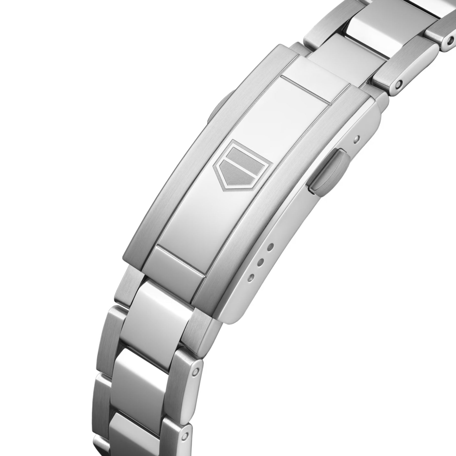 A close-up view of the TAG Heuer Aquaracer Professional 200 Quartz 30mm Watch reveals a silver metal bracelet with polished, smooth links and a clasp engraved with the geometric TAG Heuer logo. This elegant bracelet pairs seamlessly with the 30mm steel case and diamond-set bezel, creating a refined and sophisticated look characteristic of TAG Heuer craftsmanship.