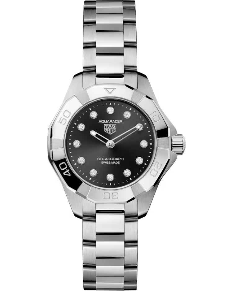 A TAG Heuer Aquaracer Professional 100 Solargraph 28mm solar quartz watch featuring a black dial with diamond hour markers and a stainless steel bracelet.