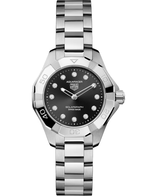 A TAG Heuer Aquaracer Professional 100 Solargraph 28mm solar quartz watch featuring a black dial with diamond hour markers and a stainless steel bracelet.