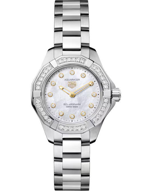 A TAG Heuer Aquaracer Professional 100 Solargraph Solar Quartz 28mm watch featuring a white mother-of-pearl dial, gold hour markers, diamond accents, and a stainless steel bracelet.