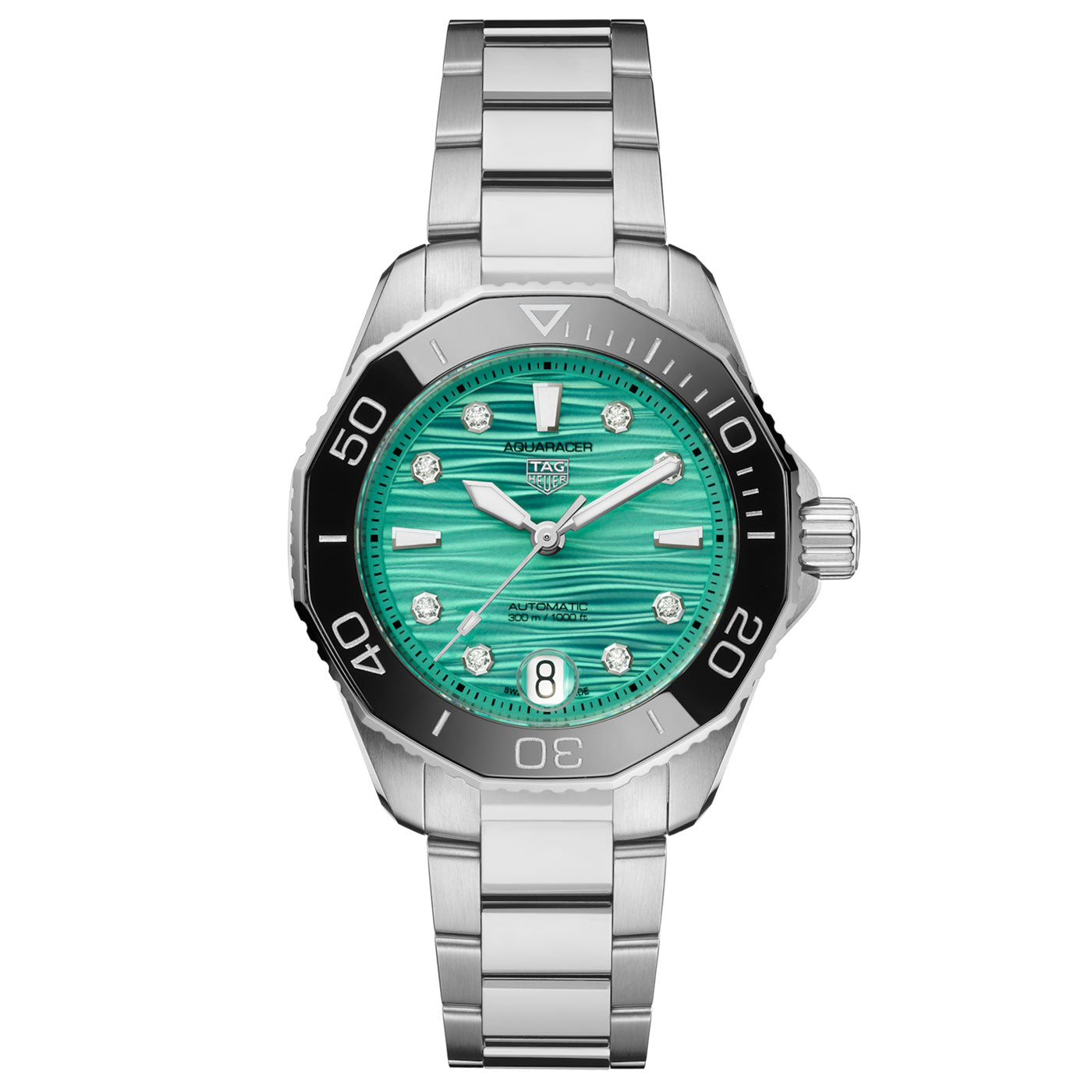 The TAG Heuer Aquaracer Professional 300 Caliber 5 Automatic 36mm Watch by TAG Heuer features a silver stainless steel design, a vivid teal dial with diamond hour markers, a black rotating bezel, and a date display at the 6 o’clock position. This elegant wristwatch is powered by the Caliber 5 Automatic movement.