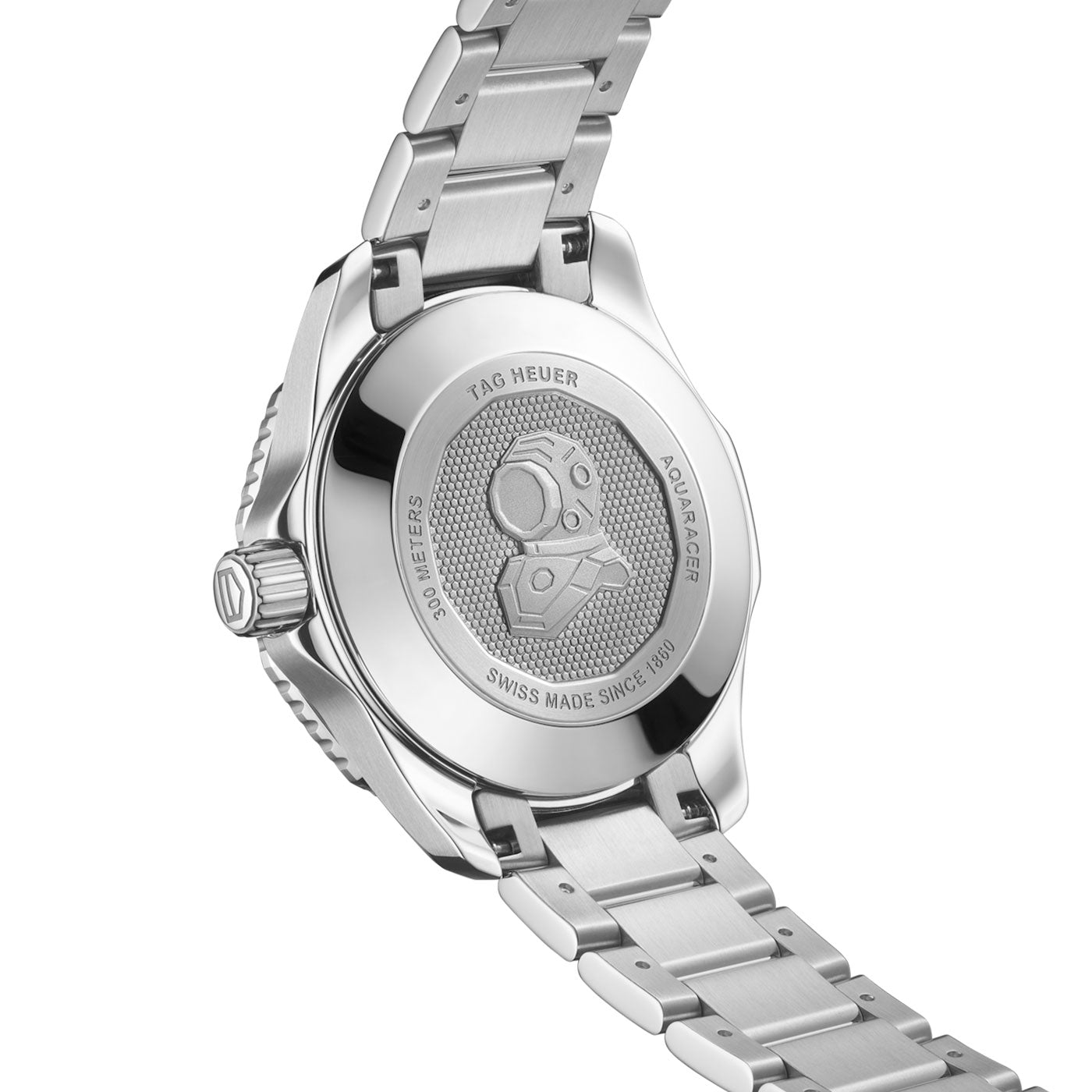 The back of a TAG Heuer Aquaracer Professional 300 Date Automatic 36mm Watch features a brushed metal bracelet and a finely engraved diving helmet on the case back, with inscriptions indicating water resistance and Swiss origin.