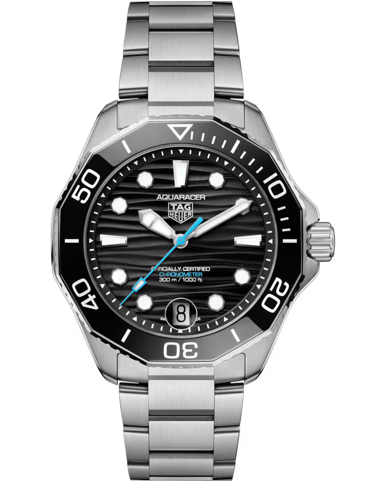 The TAG Heuer Aquaracer Professional 300 Date Automatic 42mm Watch features a silver stainless steel bracelet, a black bezel, a black striped dial with bold hour markers, and a blue seconds hand.