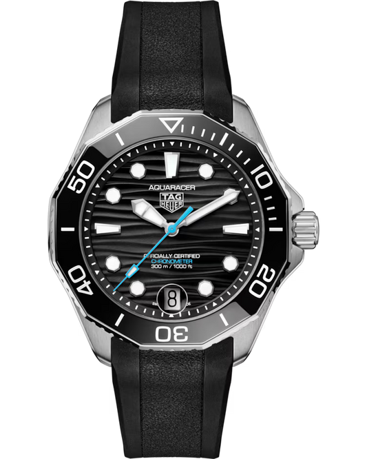 The TAG Heuer Aquaracer Professional 300 Date Automatic 42mm Watch features a black bezel, black dial with white markers, a blue second hand, a date window at 6 o’clock, and comes on a black rubber strap.