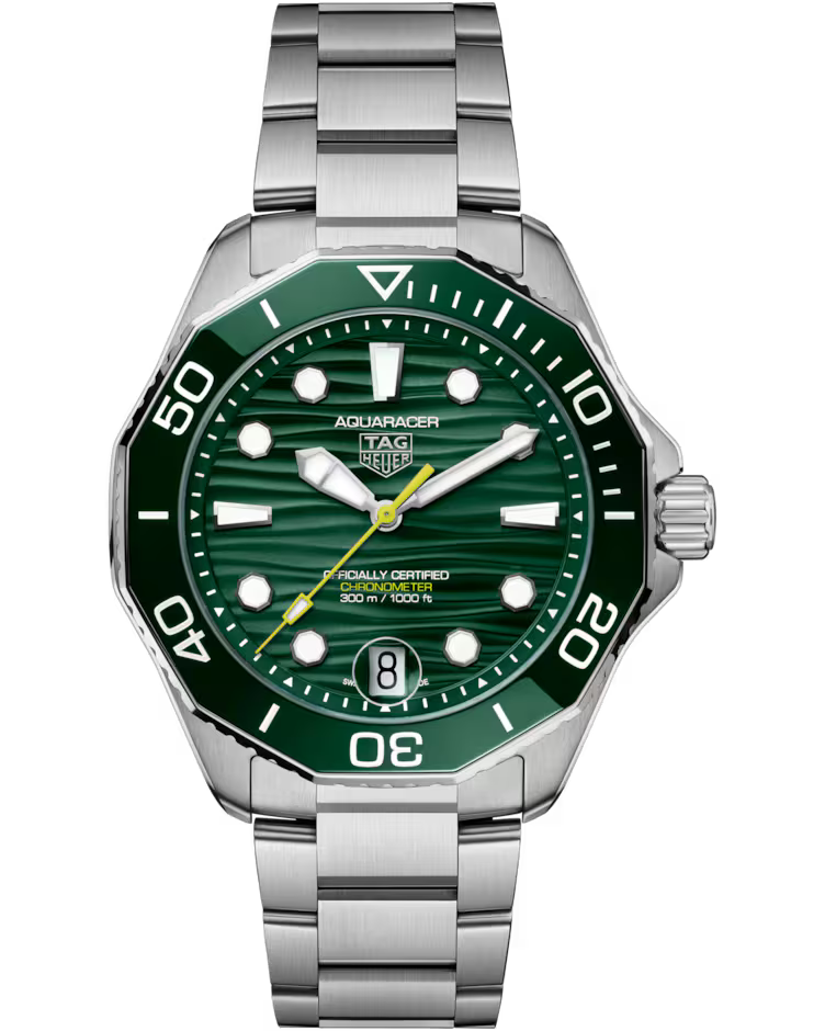 A TAG Heuer Aquaracer Professional 300 GMT Automatic 42mm watch featuring a green dial, white markers, date display at 6 o’clock, and a stainless steel bracelet.