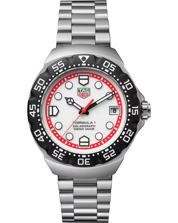The TAG Heuer Formula 1 Solargraph Solar Quartz 38mm Watch features a silver metal bracelet, a black and red bezel, a white dial with bold hour markers, luminous hands, and a date window at the 3 o’clock position.