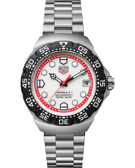 The TAG Heuer Formula 1 Solargraph Solar Quartz 38mm Watch features a silver metal bracelet, a black and red bezel, a white dial with bold hour markers, luminous hands, and a date window at the 3 o’clock position.