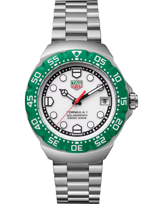 The TAG Heuer Formula 1 Solargraph Solar Quartz 38mm Watch features a green and white bezel, a white dial with bold hour markers, a silver metal band, a date window at 3 o’clock, and a striking red seconds hand.