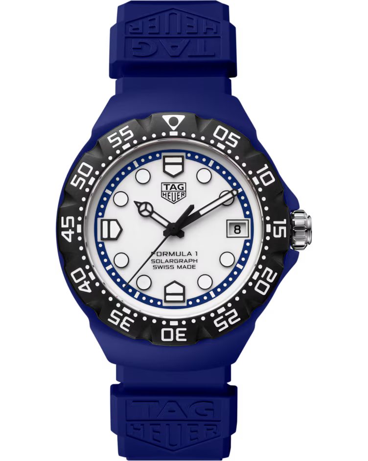A TAG Heuer Formula 1 Solargraph Solar Quartz 38mm Watch featuring a blue strap, black bezel, and white dial. The watch includes date display and multiple markers, with “SWISS MADE” and “SOLARGRAPH” text visible on the dial.