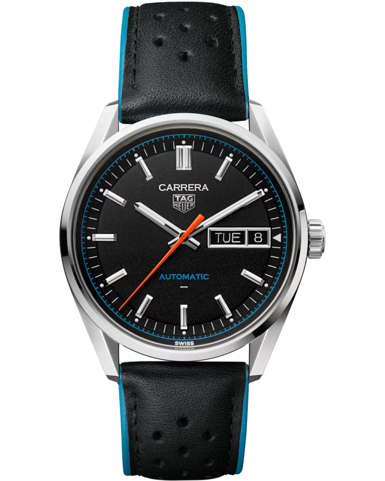 The TAG Heuer Carrera Day-Date Automatic 41mm Watch features a black dial, orange second hand, silver hour markers, day and date window, and a black leather strap with blue edges.
