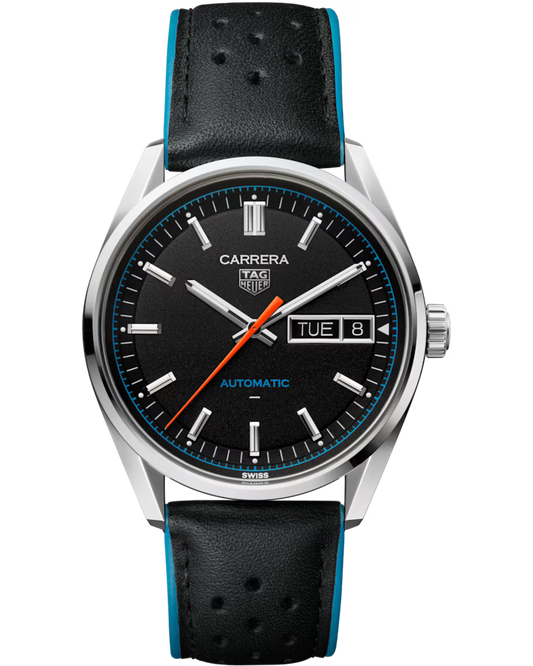 The TAG Heuer Carrera Day-Date Automatic 41mm Watch features a black dial, orange second hand, silver hour markers, day and date window, and a black leather strap with blue edges.