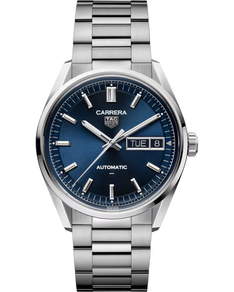 The TAG Heuer Carrera Day-Date Automatic 41mm Watch by TAG Heuer features a stainless steel case, a blue dial with silver hour markers, and a metal bracelet. The day and date are displayed on the right side of the face.