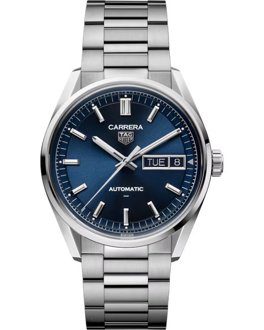 The TAG Heuer Carrera Day-Date Automatic 41mm Watch by TAG Heuer features a stainless steel case, a blue dial with silver hour markers, and a metal bracelet. The day and date are displayed on the right side of the face.