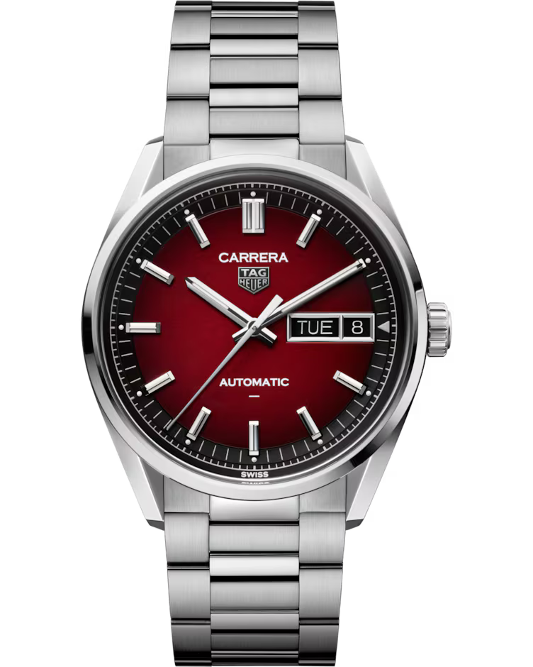 A TAG Heuer Carrera Day-Date Automatic 41mm watch featuring a silver case, red dial with silver markers, and a metal bracelet. The day and date display is positioned on the right side of the face.