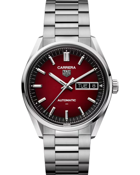 A TAG Heuer Carrera Day-Date Automatic 41mm watch featuring a silver case, red dial with silver markers, and a metal bracelet. The day and date display is positioned on the right side of the face.