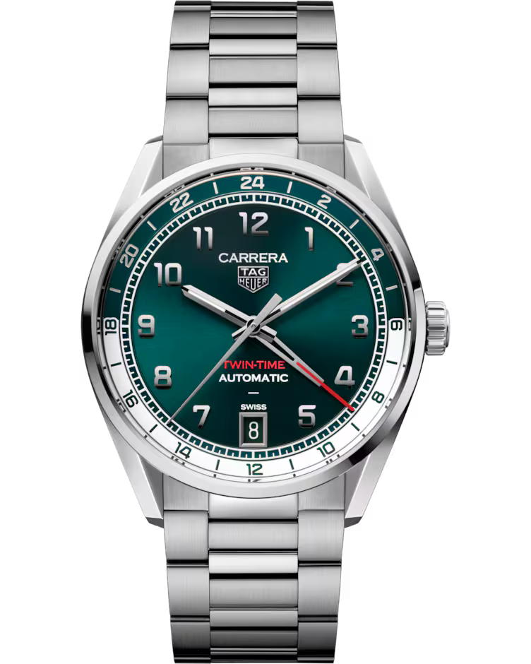 A TAG Heuer Carrera Date Twin-Time Automatic 41mm watch featuring a green dial with silver hour markers, a red GMT hand, a date window at 6 o’clock, and a stainless steel bracelet.