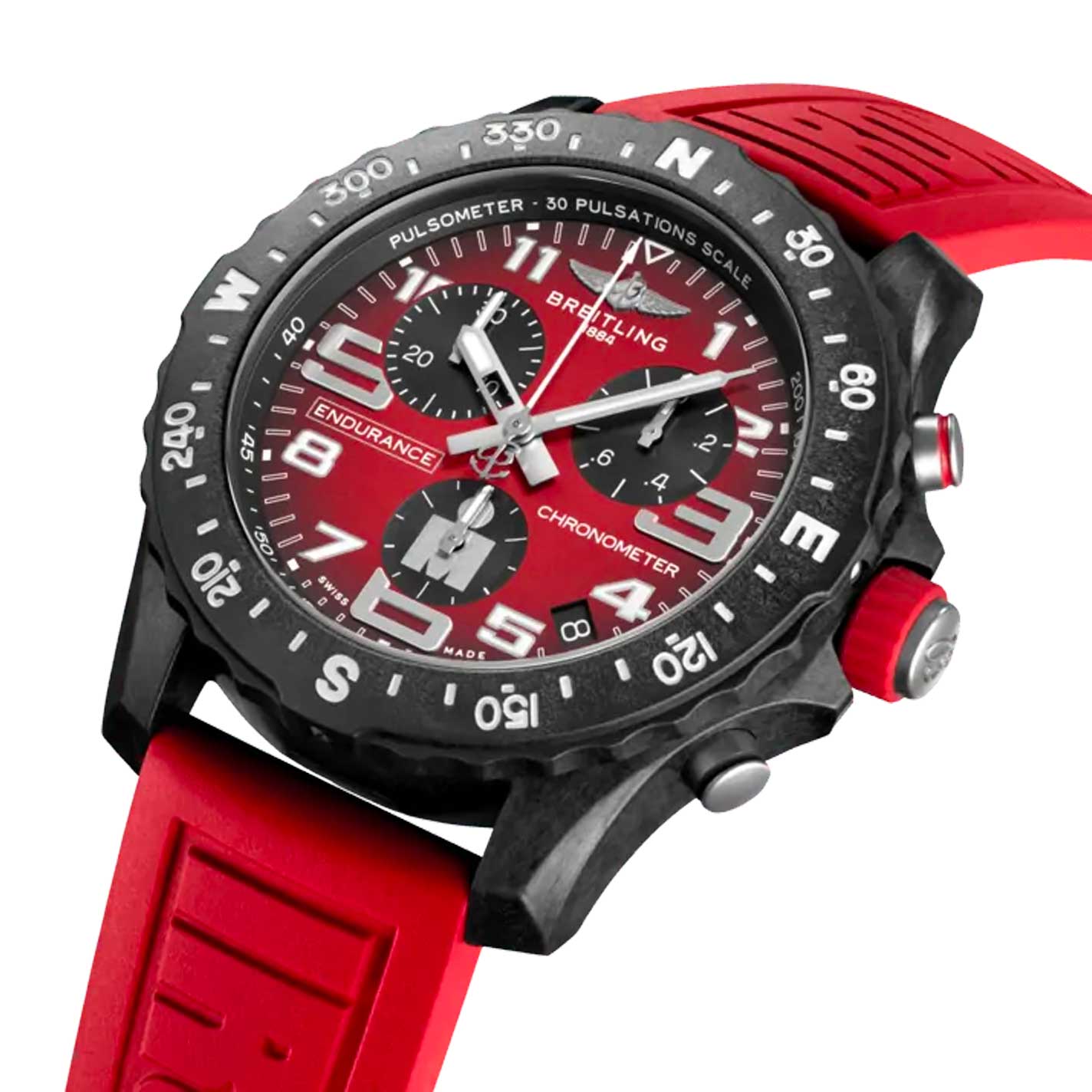 The Breitling Endurance Pro Ironman watch showcases a vibrant red dial and strap, complete with a pulsometer scale and chronometer subdials. It is highlighted by a black bezel with white numerals and red accents on the buttons, all expertly crafted in lightweight Breitlight®. The textured strap stands out in a brilliant shade of red.