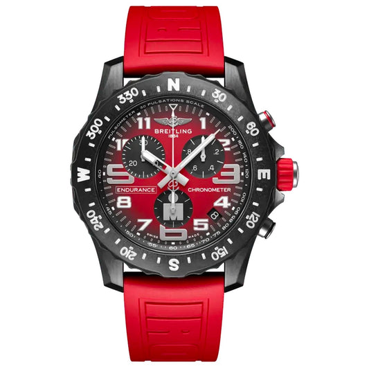 A stylish BREITLING Endurance Pro Ironman chronometer expertly crafted in Breitlight® showcases a striking red rubber strap and black bezel. The watch face is adorned with white numerals, sub-dials, and a date display, creating a dynamic fusion of red and black design elements.