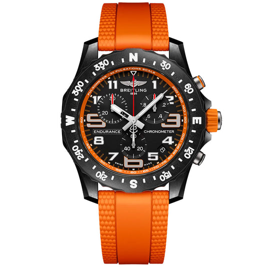 The Breitling Professional Endurance Pro 44 is a sporty watch with a black dial, white markings, three subdials, an orange textured strap, and orange accents on the bezel and crown.