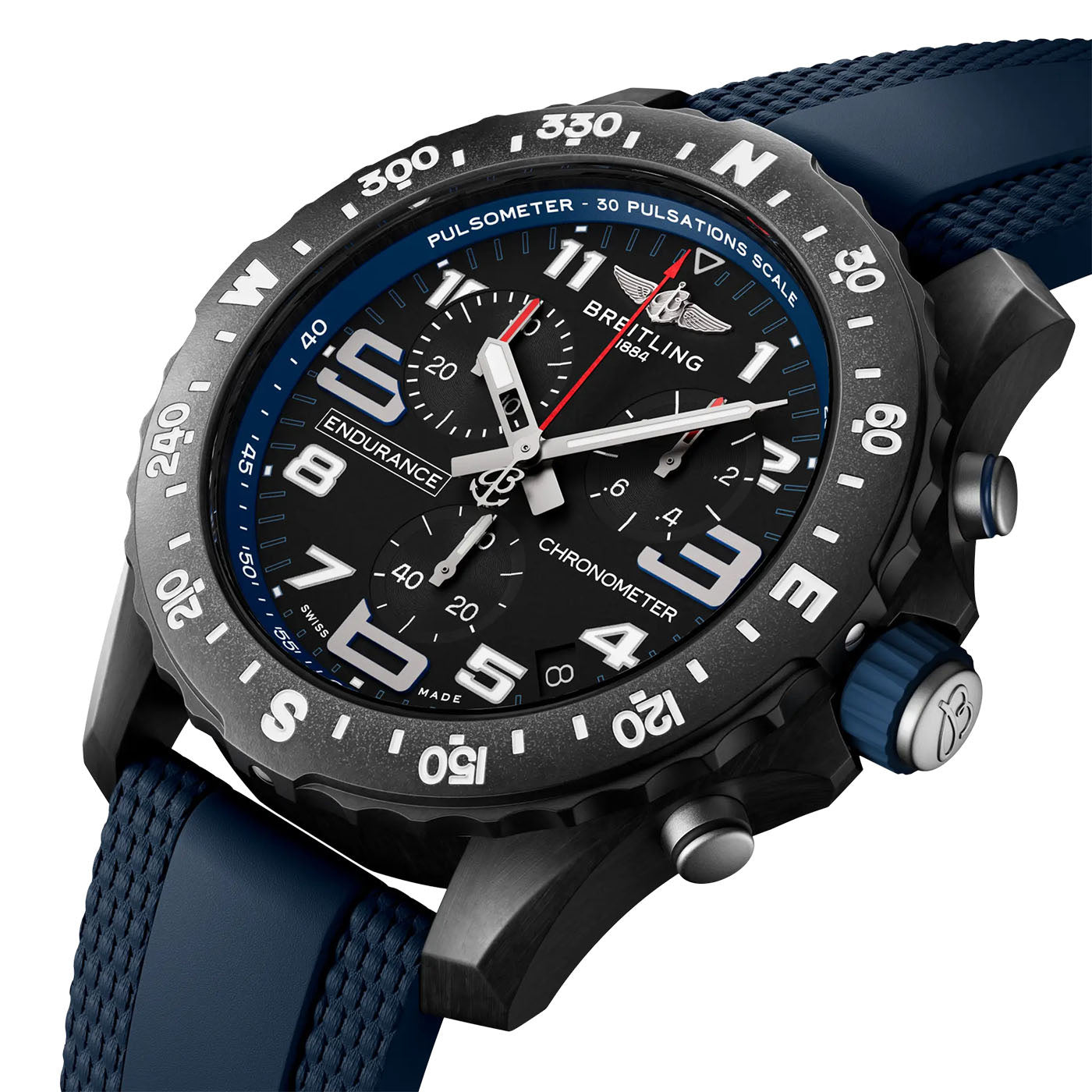 The BREITLING Endurance Pro 44, an athleisure timepiece from Breitling, showcases a black Breitlight® case accented by large white Arabic numerals. It features three sub-dials, a blue inner bezel and strap, along with a pulsometer scale and a date window positioned at 4 o'clock.