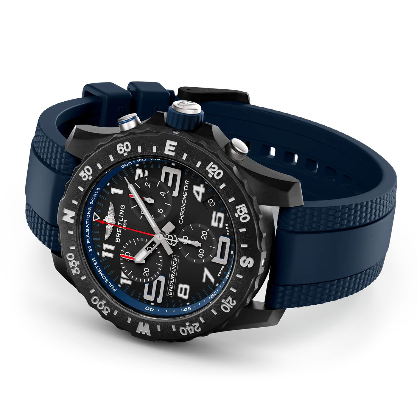 The BREITLING Endurance Pro 44 by Breitling merges sporty elegance and athleisure style, showcasing a black dial with multiple subdials and white markings. It features a sturdy black case, blue bezel, and a textured blue rubber strap made from Breitlight®, ensuring style, durability, and precision.