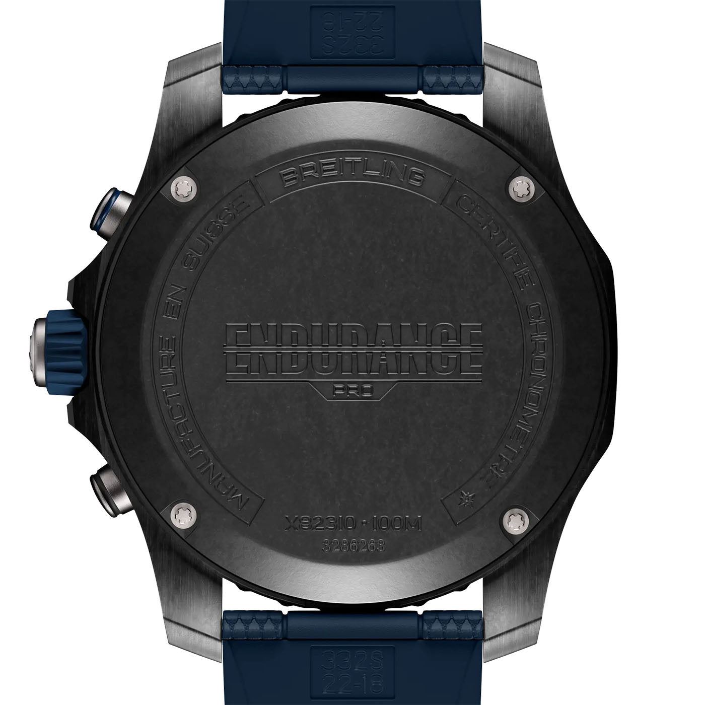 The reverse side of the BREITLING Endurance Pro 44 showcases its black case and blue buttons, with engravings of "Endurance," "Breitling," "Manufacture en Suisse," and "Chronometre Certifie." This sport-luxury timepiece features a blue strap displaying model numbers, made from robust Breitlight®.