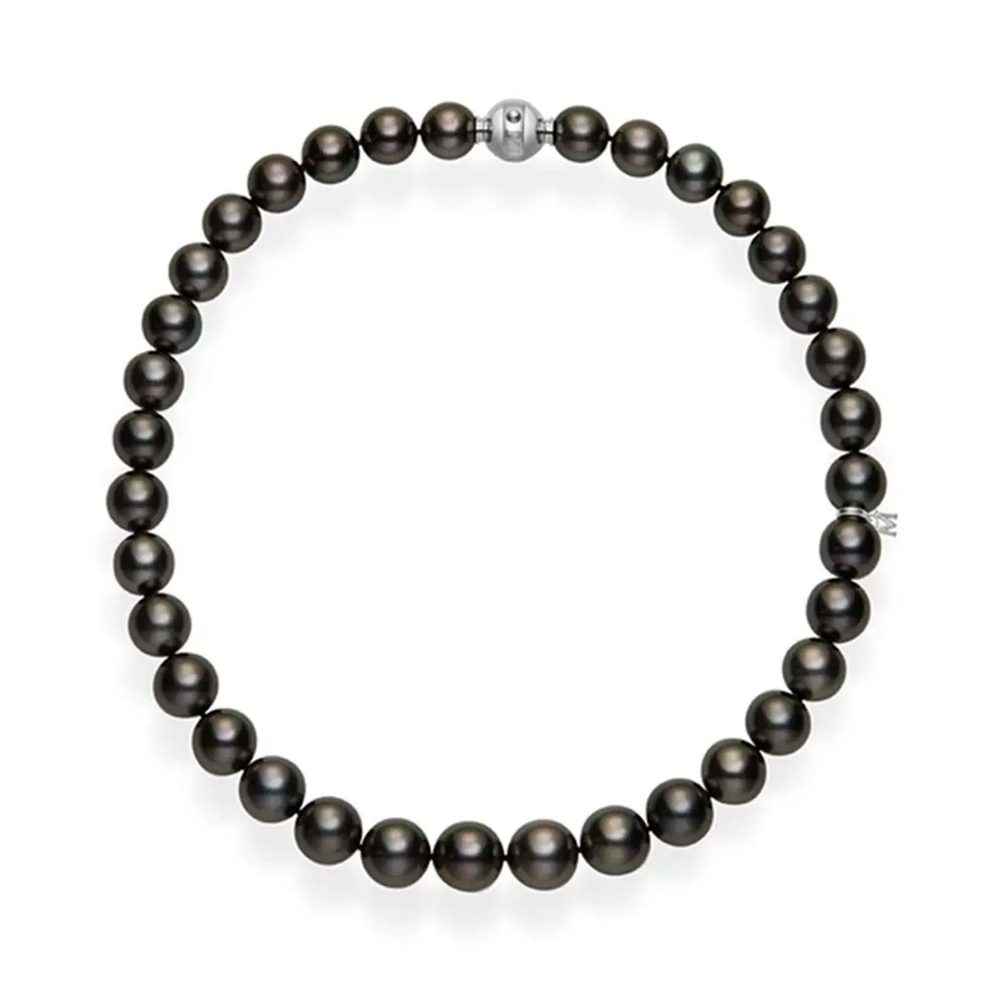 The Mikimoto Black South Sea Pearl Strand Necklace from Mikimoto showcases round, symmetrical pearls strung closely together. It is elegantly fastened with a shiny 18k white gold clasp at the top center, enhancing its sophisticated and timeless design.